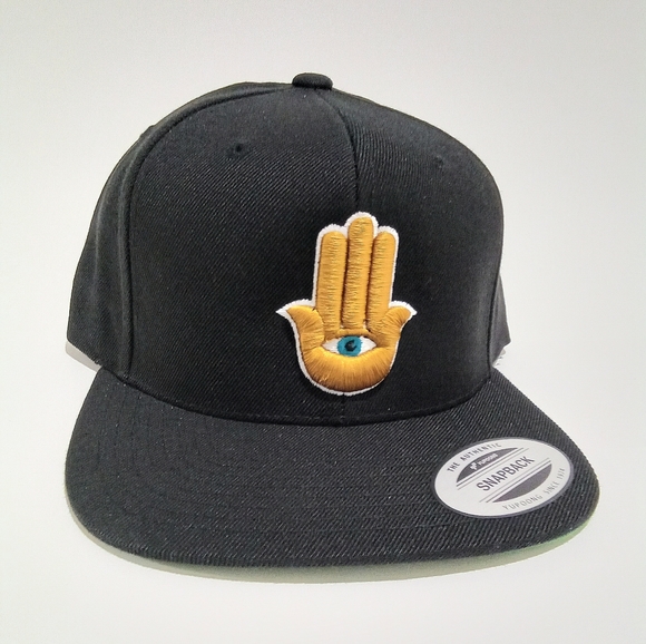 Hamsa Hand 3rd Eye 3D Embroidered Black Snapback Hat Flat Bill 6 Panel Yupoong - Picture 2 of 6